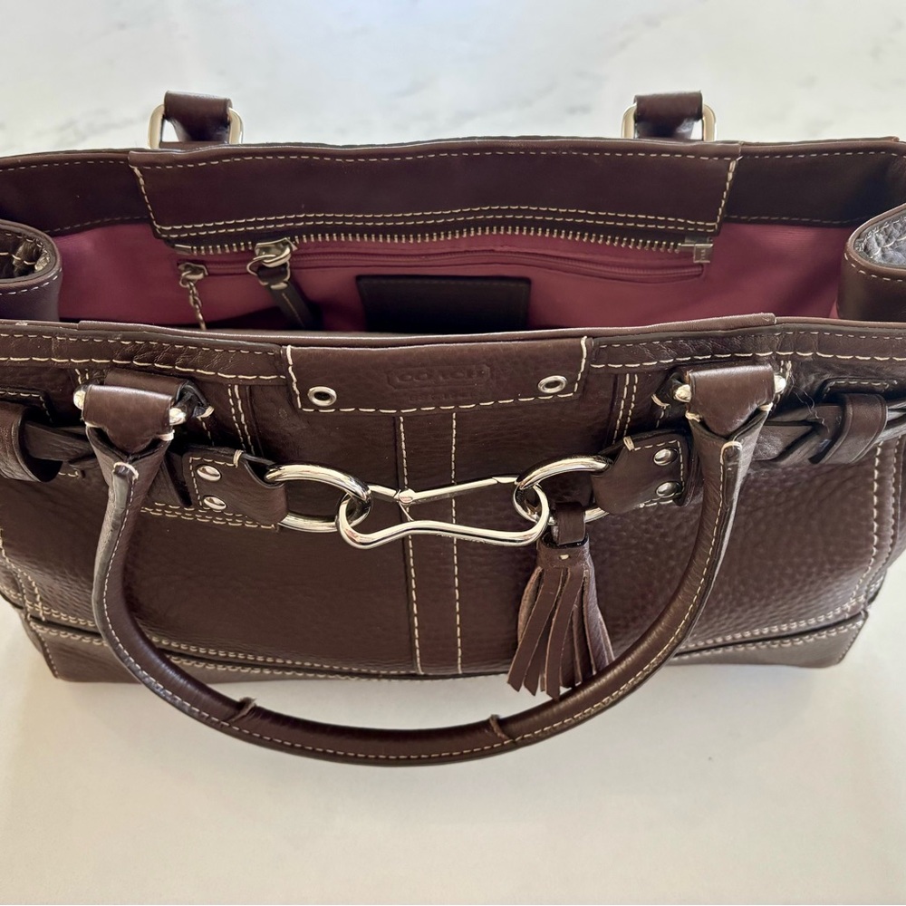 Coach Brown Pebbled Leather Handbag with Tassle Accent - Picture 2 of 5